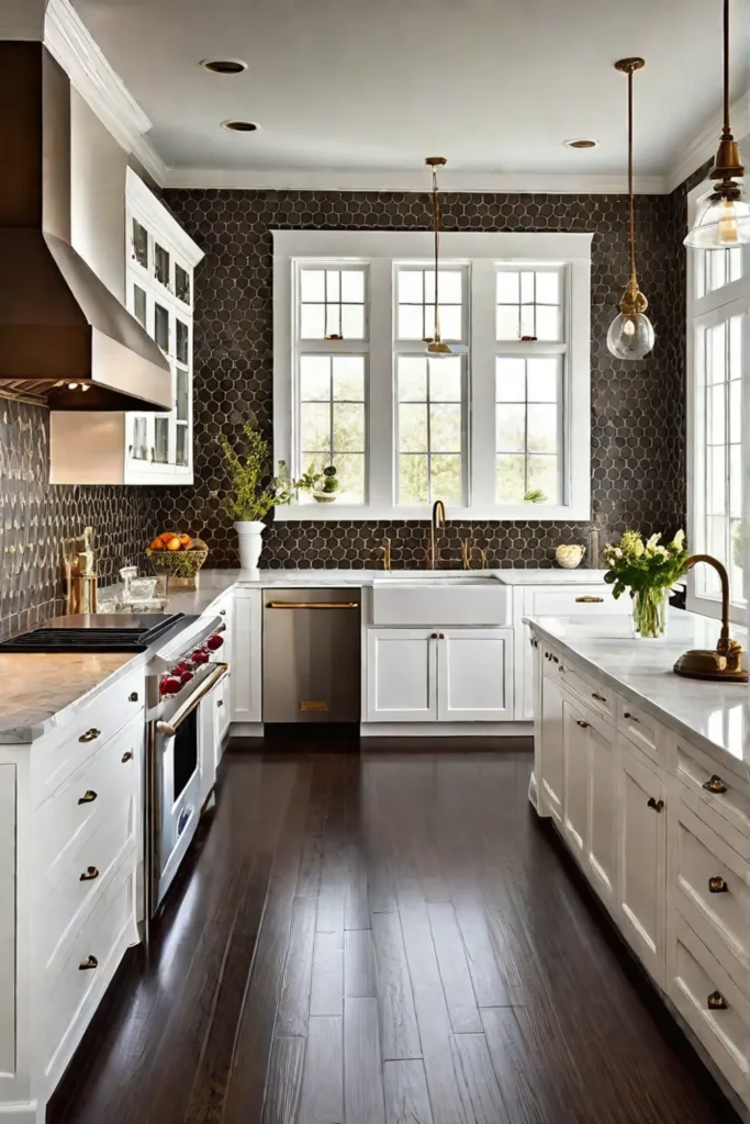 Modern kitchen with antique bronze hardware and decorative tile backsplash