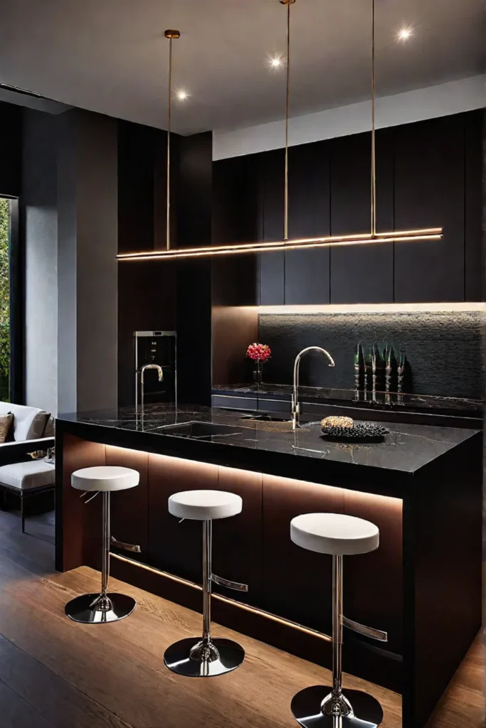 Modern kitchen with dark quartz countertop and pendant lights