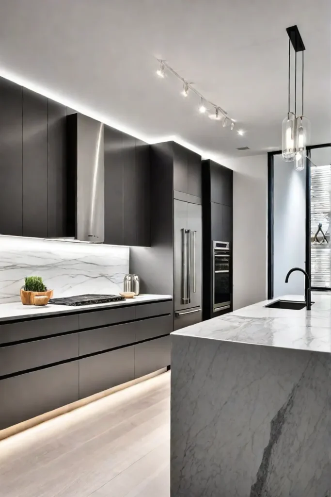 Modern kitchen with gray island and waterfall countertops