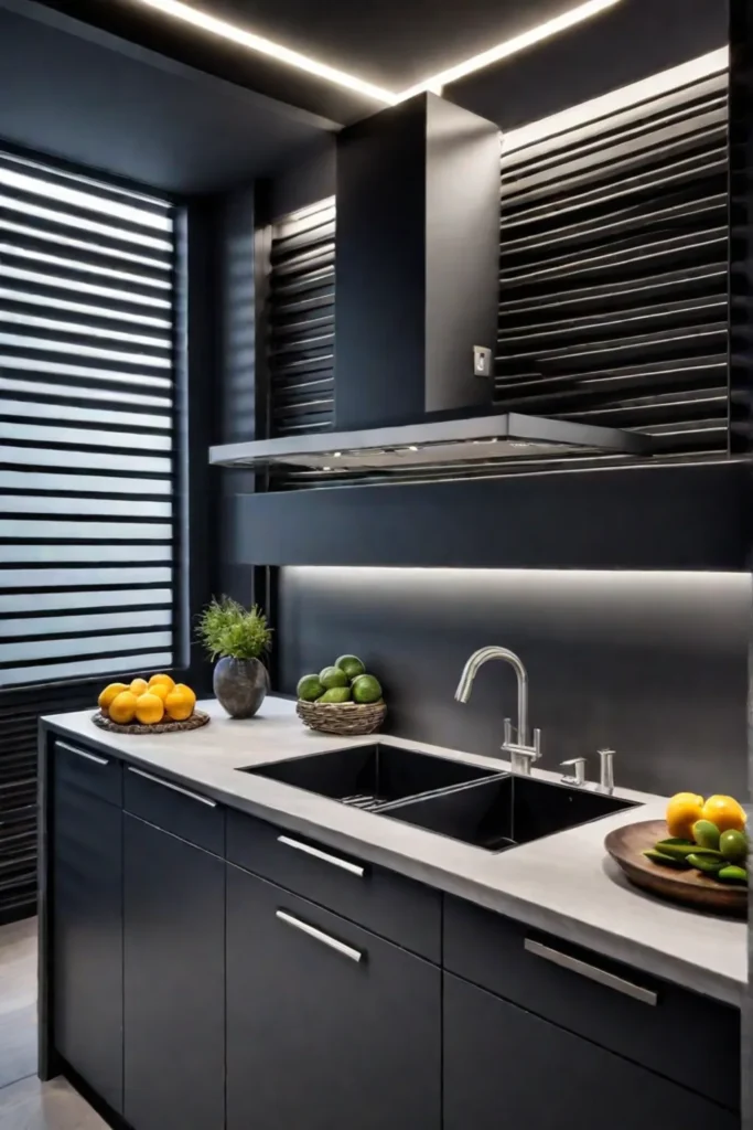 Modern kitchen with louvered cabinets in charcoal gray