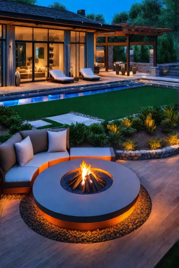 Modern patio with fire pit and outdoor lighting