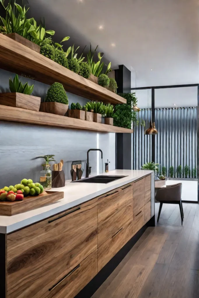 Natural elements modern kitchen open shelves