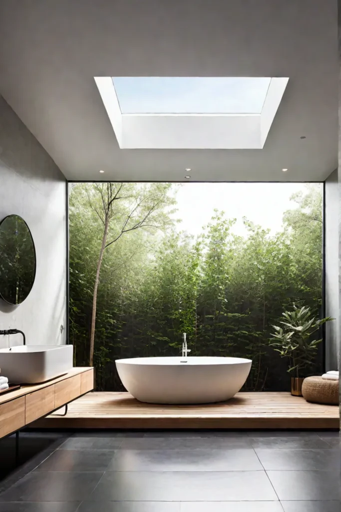 Natural light creates a tranquil atmosphere in a minimalist bathroom with a skylight