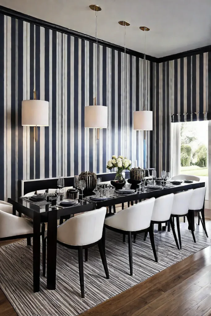 Open floor plan dining area with a striped wallpaper accent wall