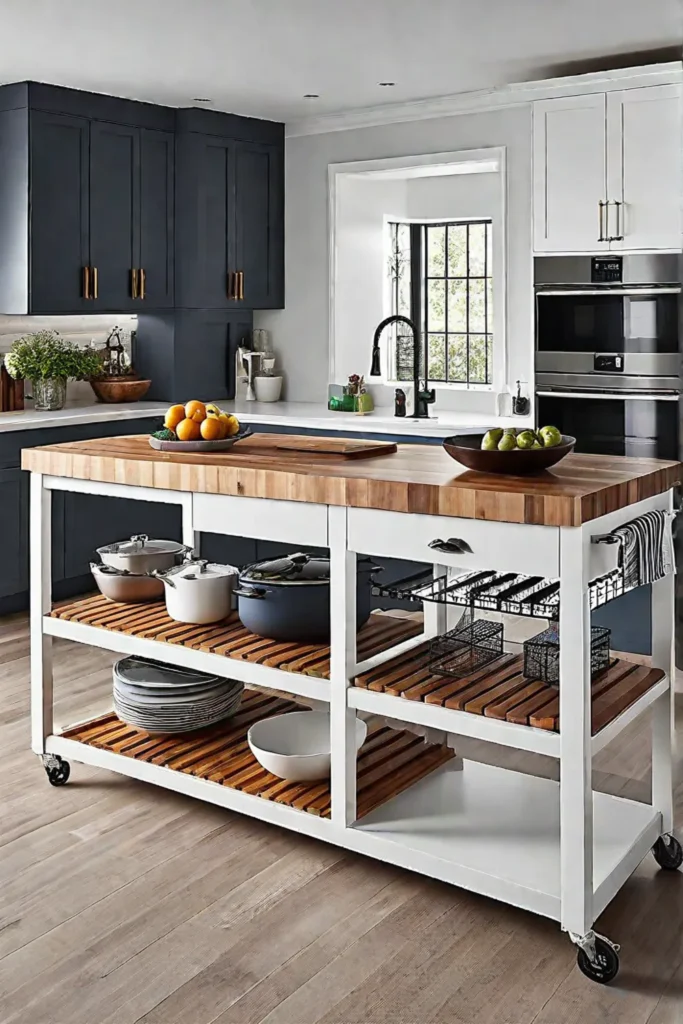 Open shelves and movable design in a kitchen island