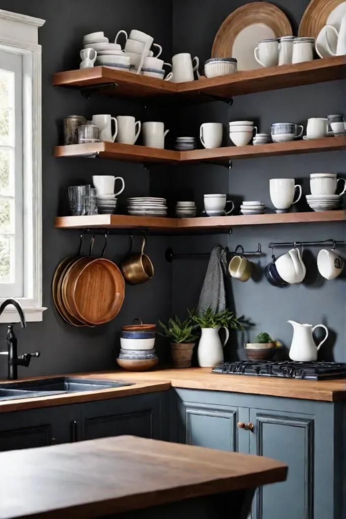 Open shelves displaying everyday kitchen essentials