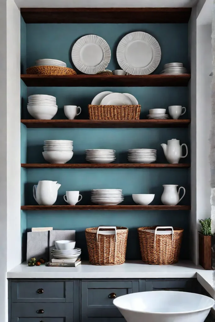 Open shelving with decorative items in a small kitchen