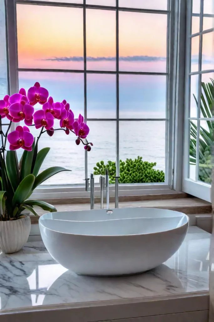 Orchids on windowsill in a coastal bathroom
