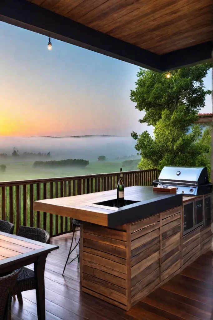 Outdoor kitchen with bar for backyard entertainment