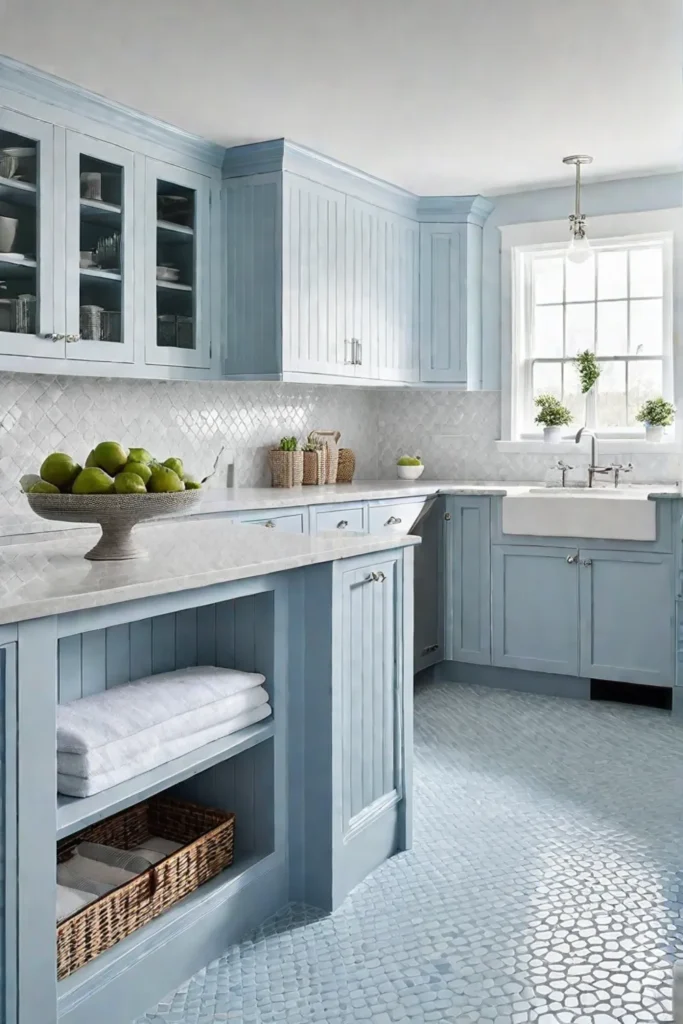 Pale blue beadboard cabinets with quartz countertops