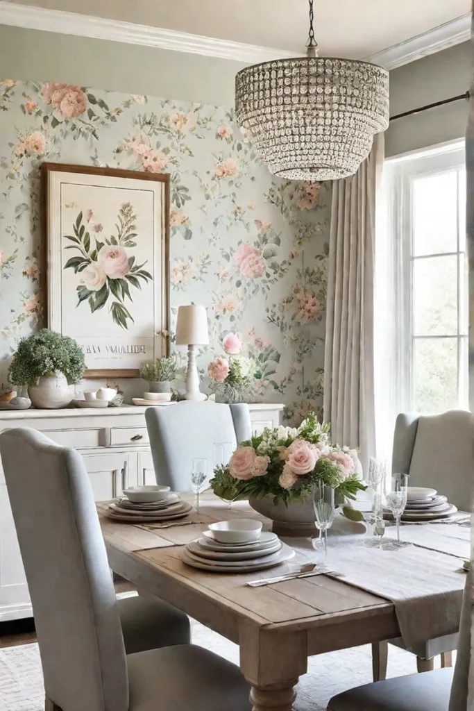 Pastel floral wallpaper statement wall in cozy dining room