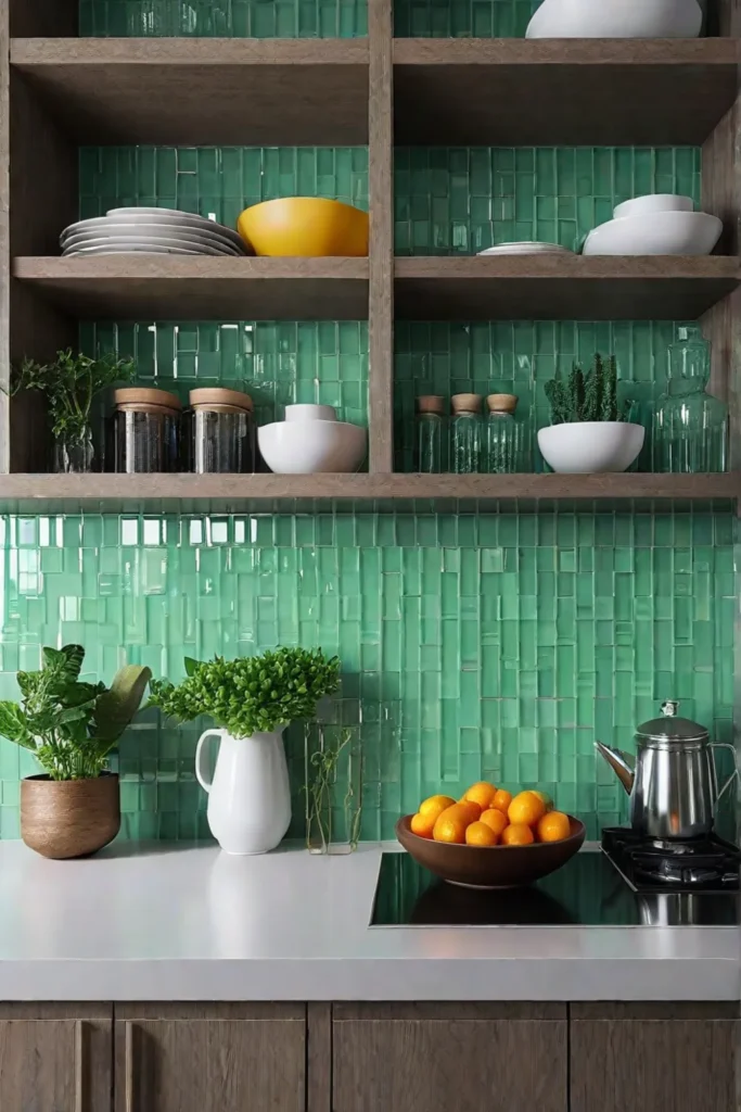 Pastel green mosaic tile backsplash in a sunny kitchen