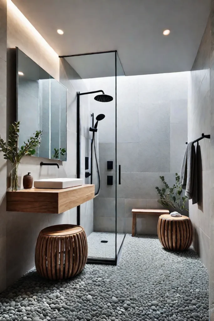 Pebble stone floor and wooden stool in a spalike bathroom