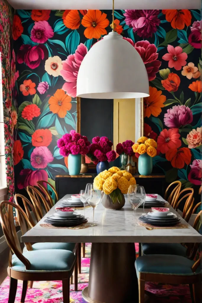 Playful dining area with a colorful wallpaper and mixed furniture styles