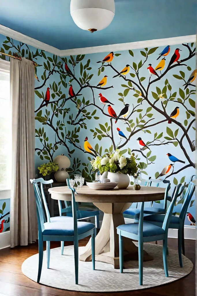 Playful dining room with colorful bird wallpaper and mismatched chairs