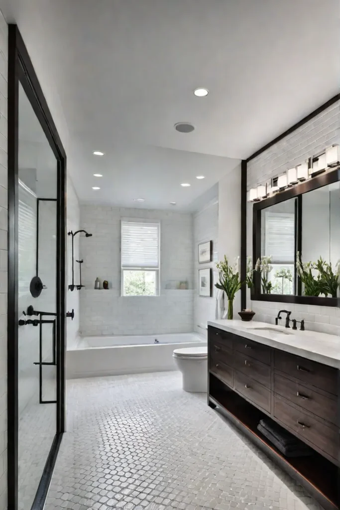 Recessed lighting creates a calming atmosphere in a minimalist bathroom with dark wood accents