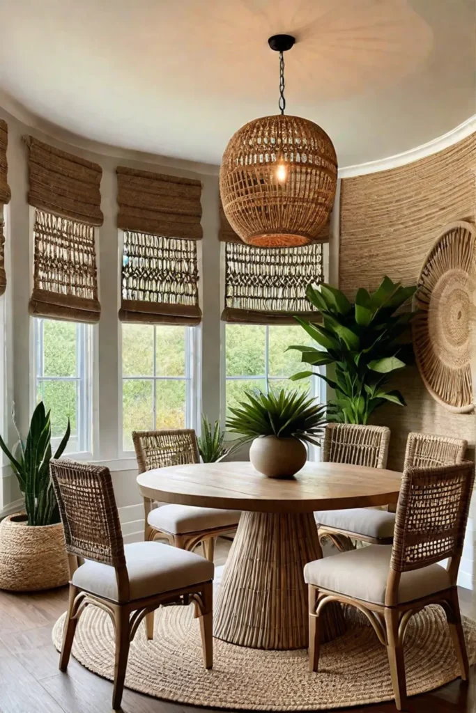 Relaxed dining area with a textured wallpaper and earthy tones