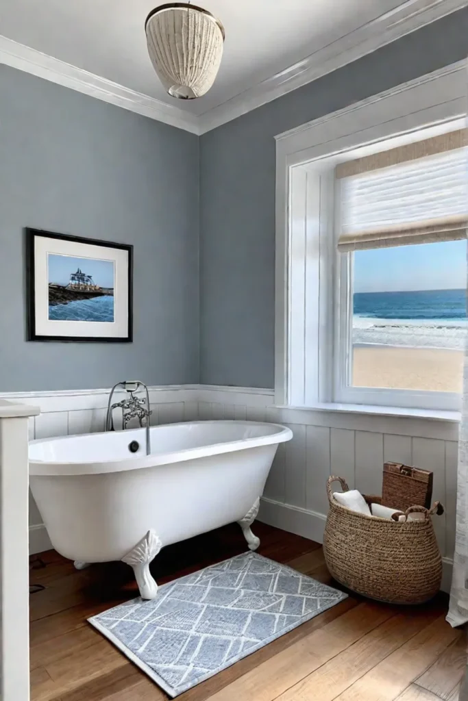 Relaxing bathroom with nautical decor and light window treatments