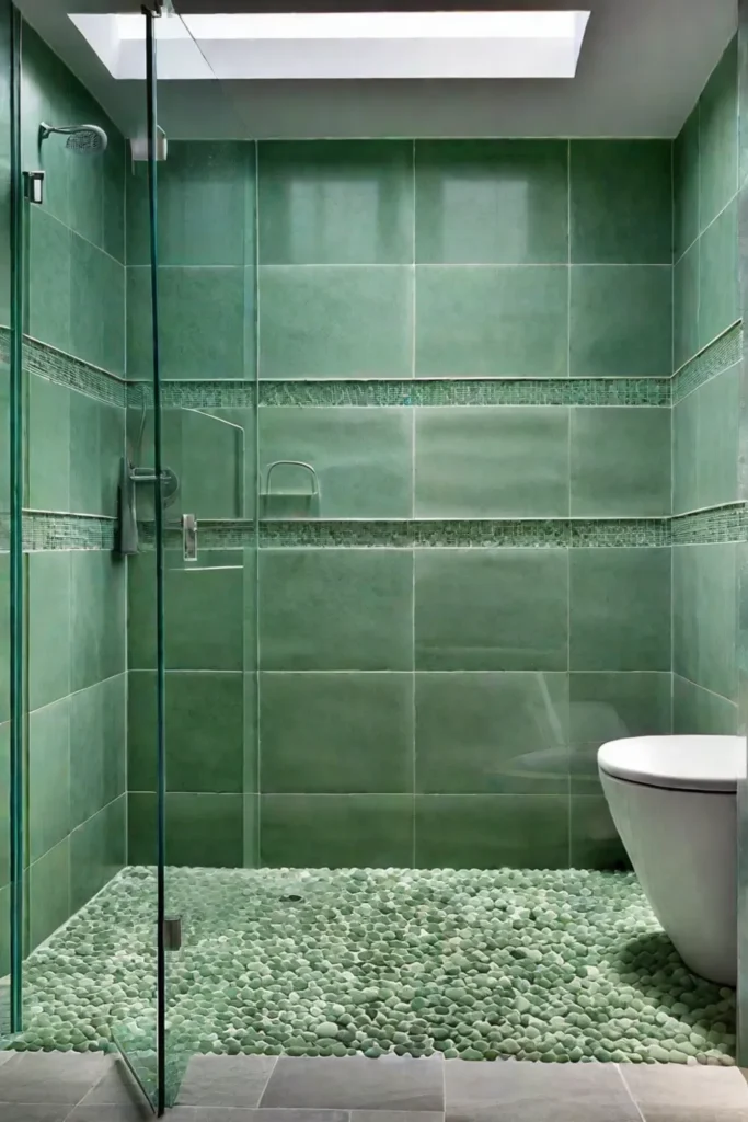 River stones and soft green tiles in a walkin shower