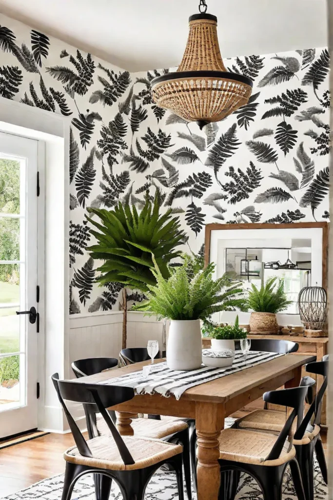 Rustic dining area with a natureinspired wallpaper accent wall