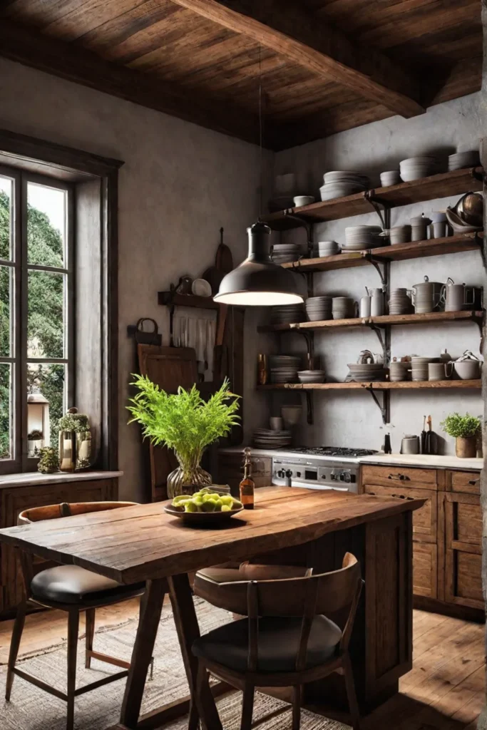 Rustic kitchen design with open shelving and antique kitchenware