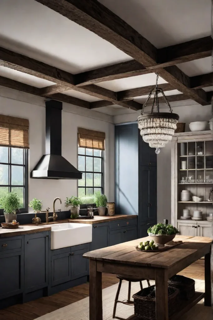 Rustic kitchen illuminated by a classic chandelier