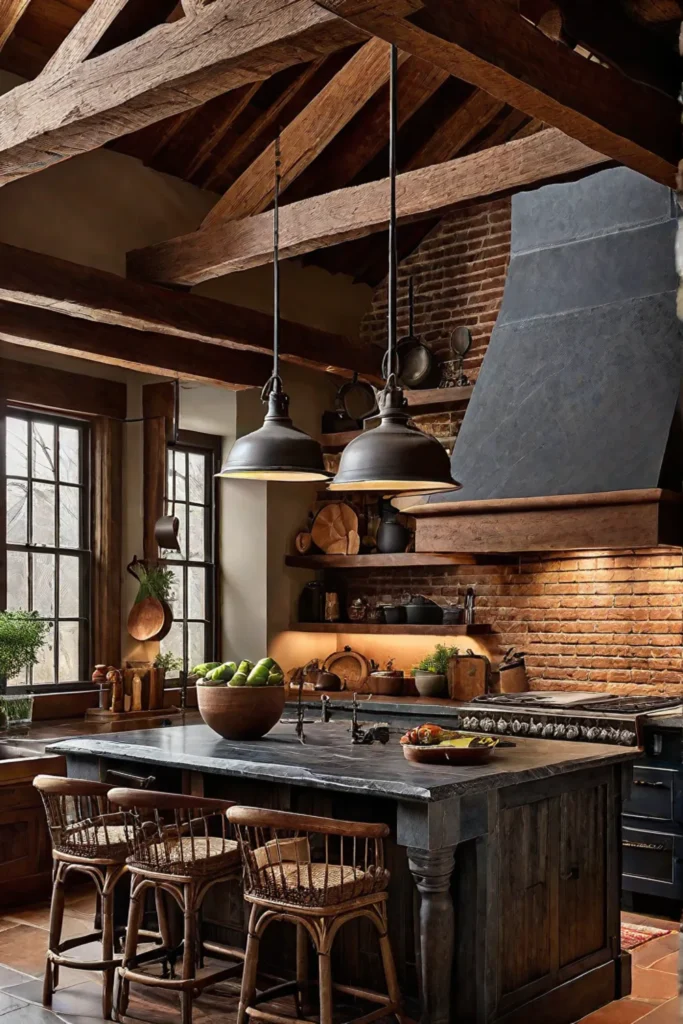 Rustic kitchen with soapstone countertop and exposed brick
