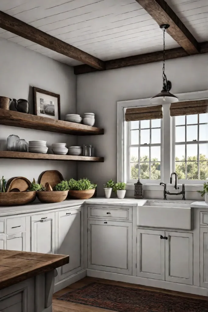 Rustic lighting and open shelving in a kitchen