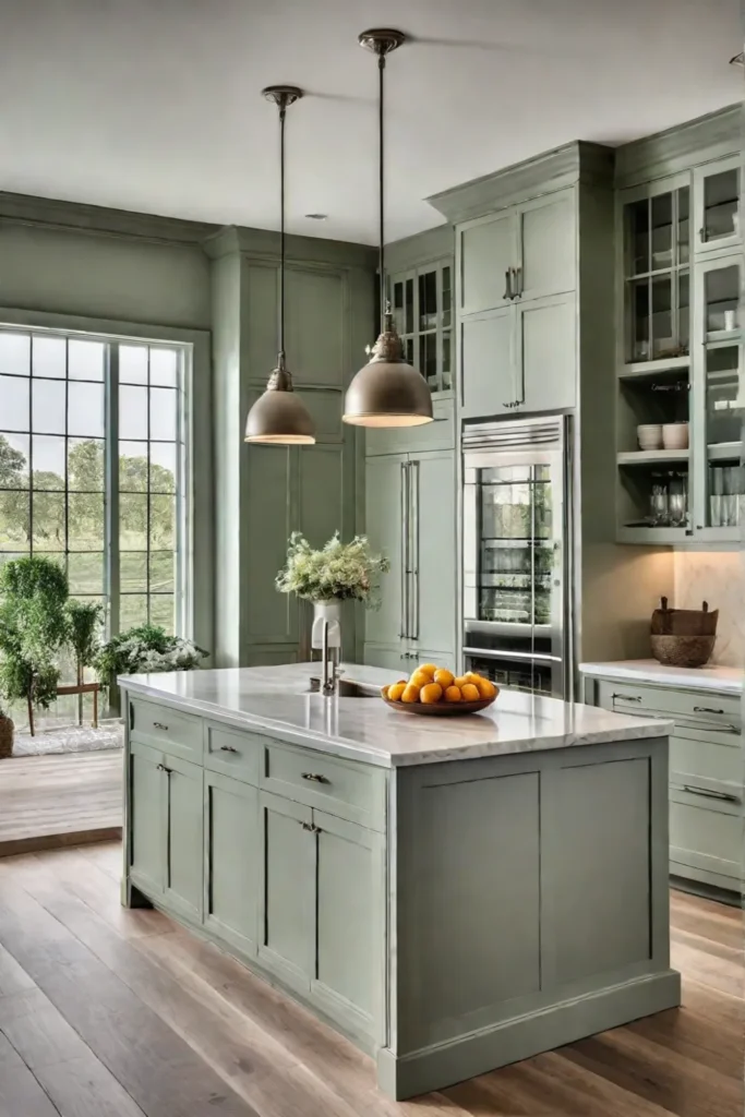 Sage green kitchen cabinets with stainless steel appliances