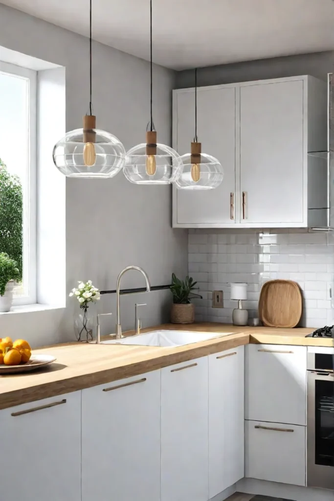 Scandinavian kitchen with pendant lights and natural light