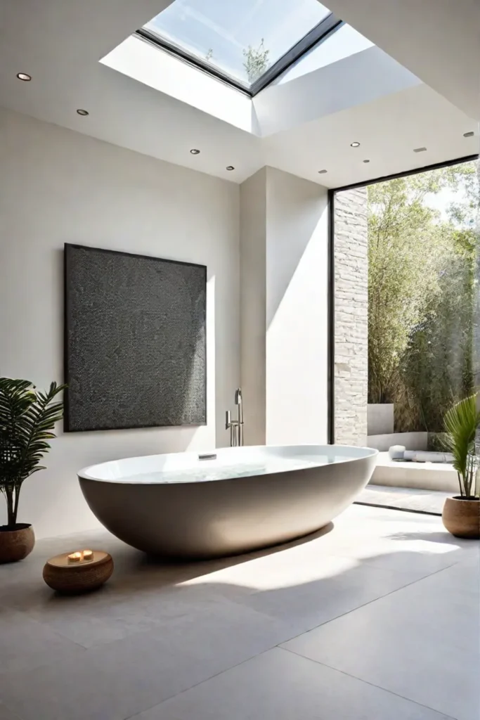 Skylight illuminates a freestanding tub in a spalike minimalist bathroom