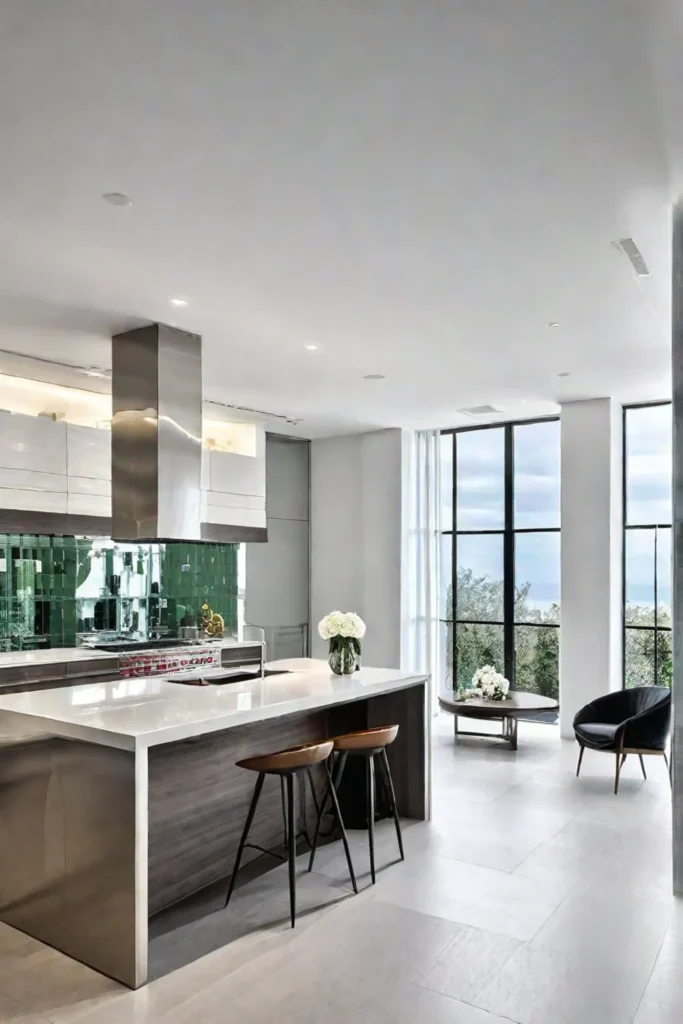 Sleek kitchen design with reflective metal tiles
