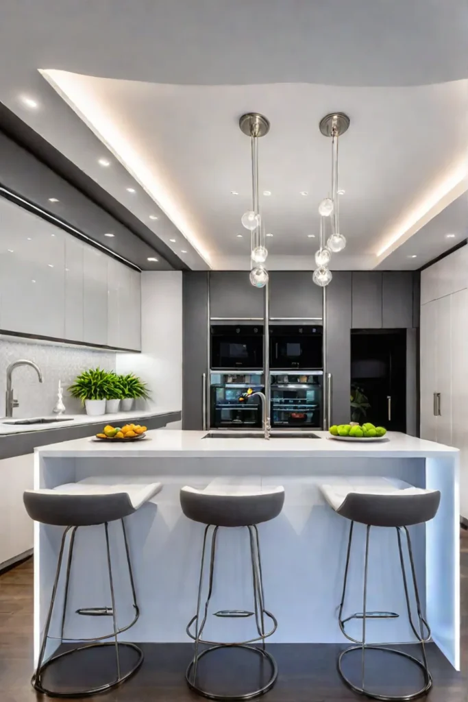Sleek white kitchen with stainless steel appliances and quartz countertops