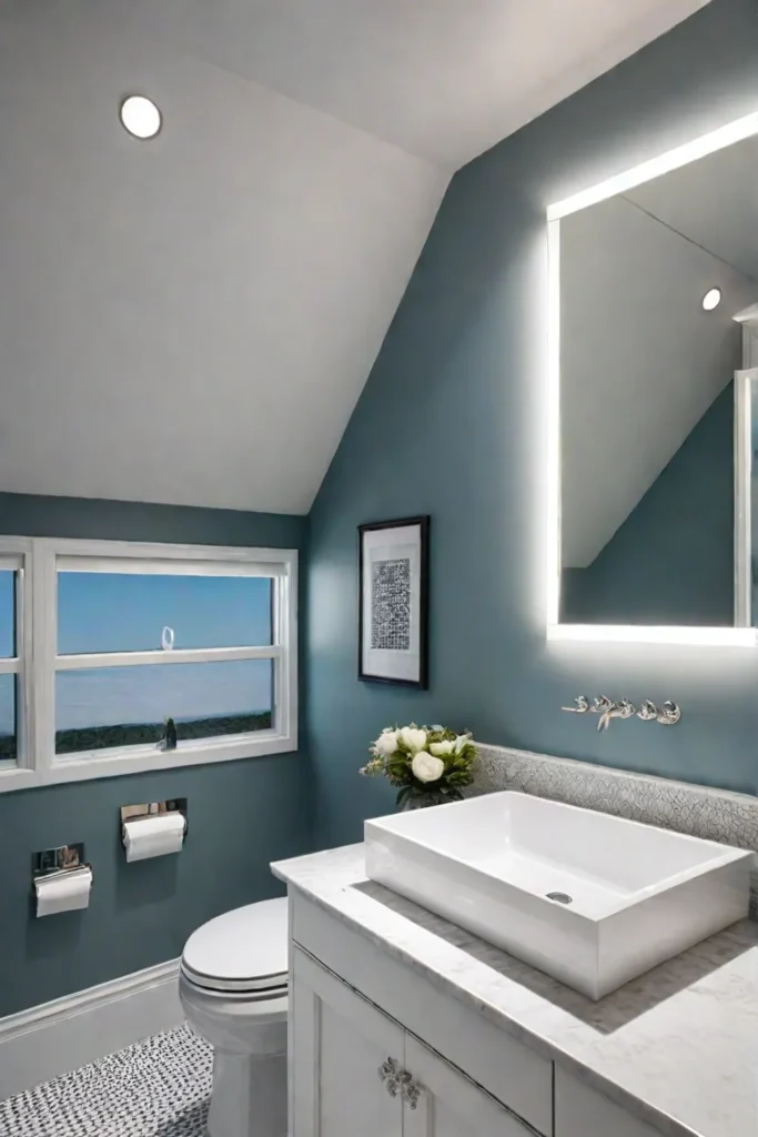 Small bathroom with a skylight and additional lighting from wall sconces and a medicine cabinet