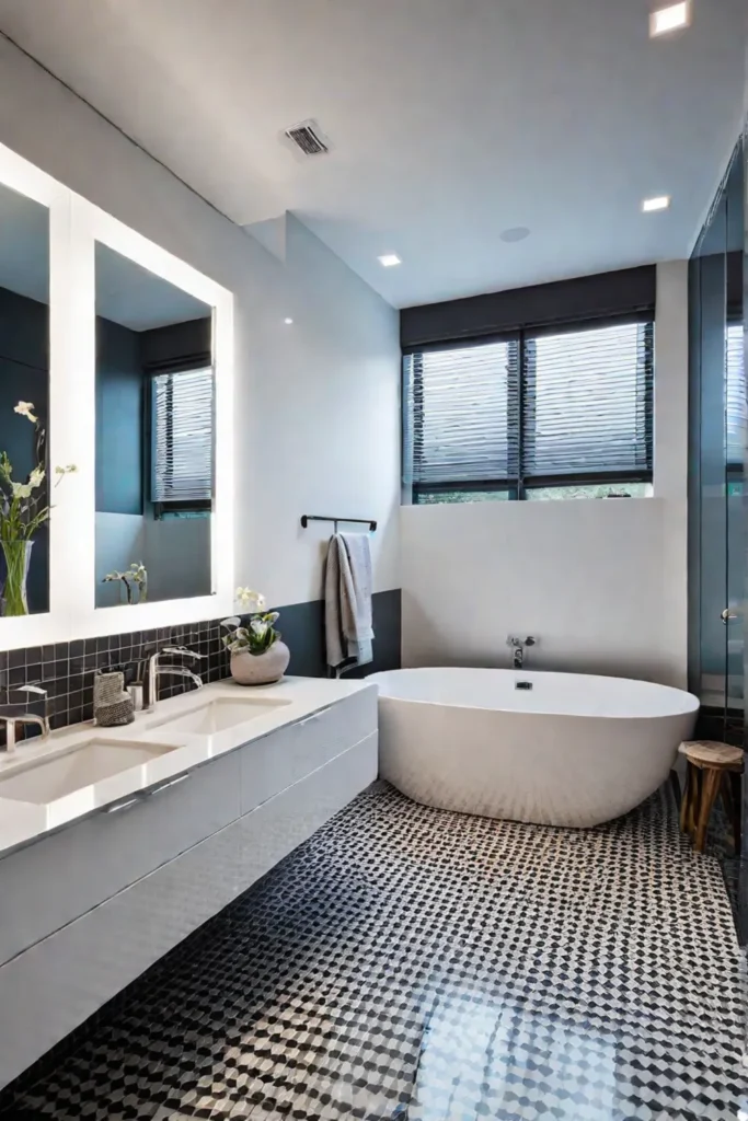 Small bathroom with recessed and pendant lighting white walls and patterned floor