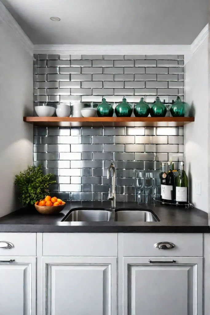 Small kitchen with metallic backsplash reflecting light