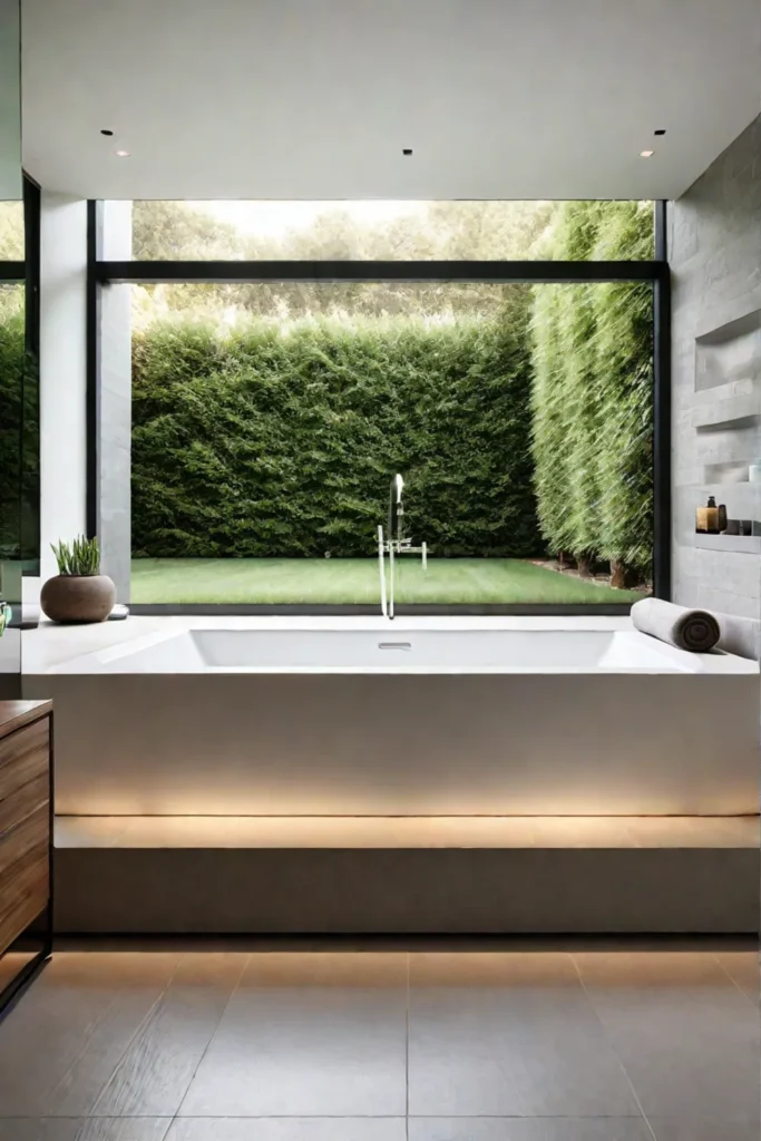 Soaking tub beneath a window overlooking a serene garden
