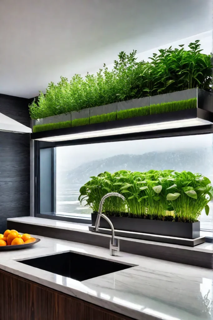 Spacesaving kitchen fresh herbs natural light