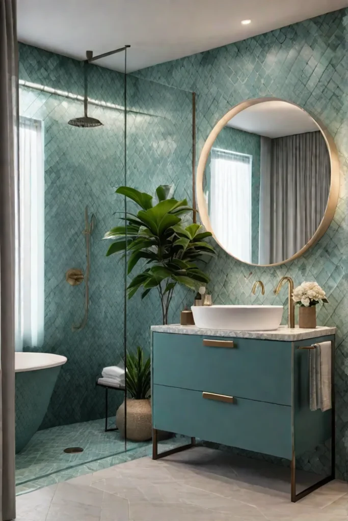Spacious bathroom with inviting seashellinspired color scheme