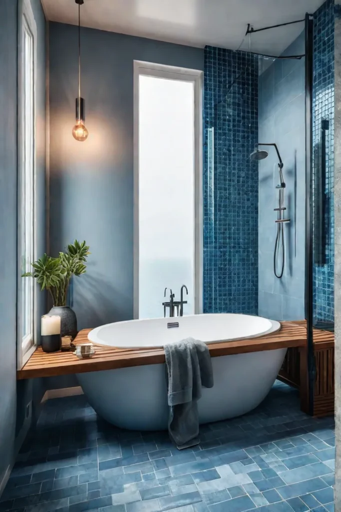 Spalike bathroom with blue tiles and wooden accents