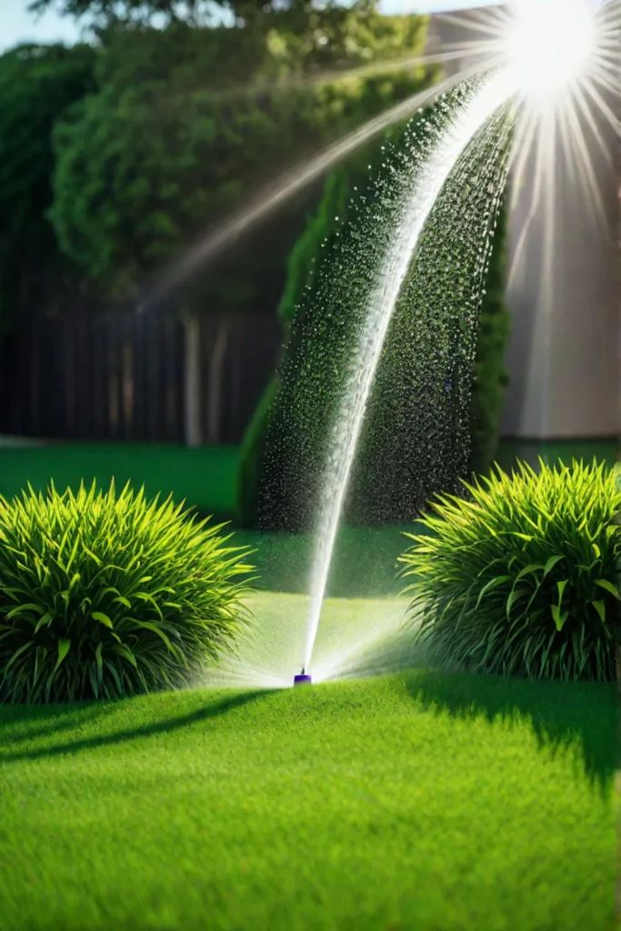 Sprinkler system watering a lush lawn