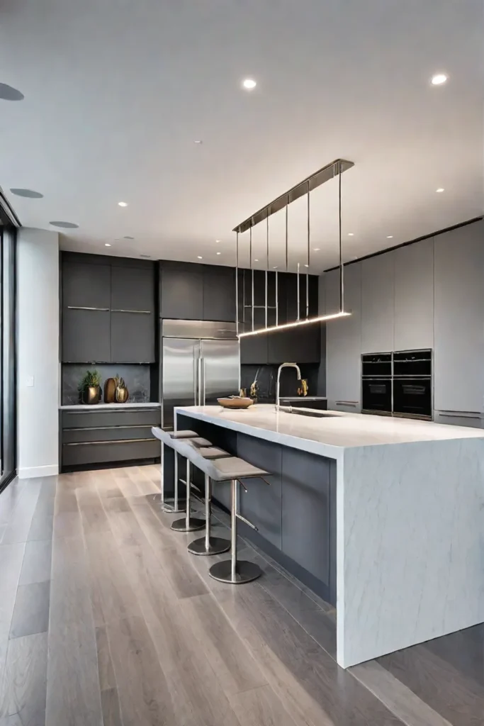 Stainless steel appliances in a sleek kitchen island