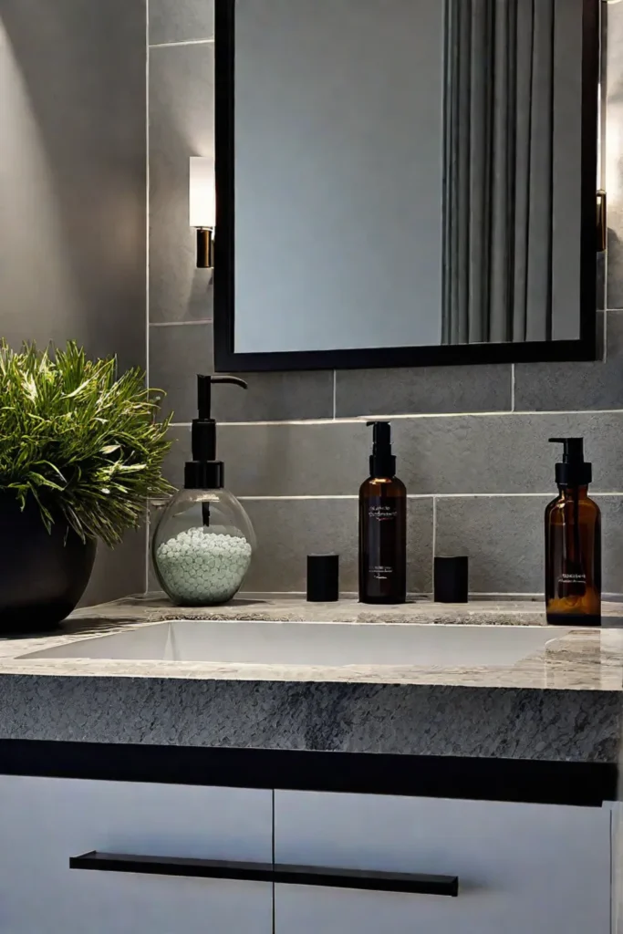Stone countertop with bath salts and essential oils in a sleek bathroom