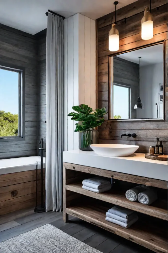Sustainable coastal bathroom with reclaimed wood and energyefficient fixtures