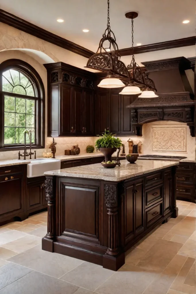 Traditional kitchen with copper farmhouse sink and ornate light fixtures