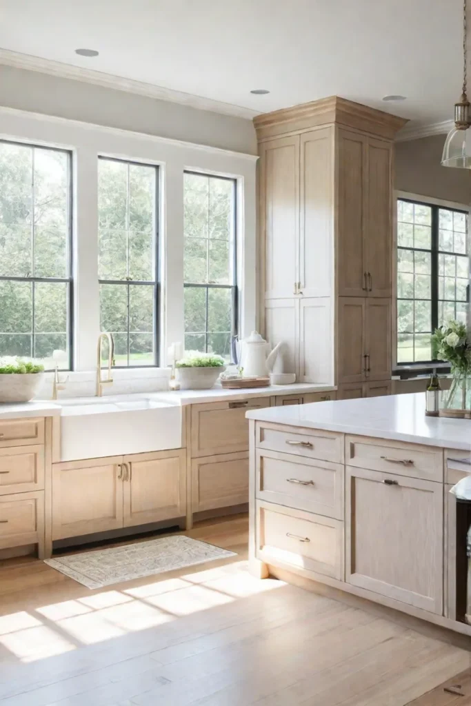 Traditional kitchen with large windows and a garden view