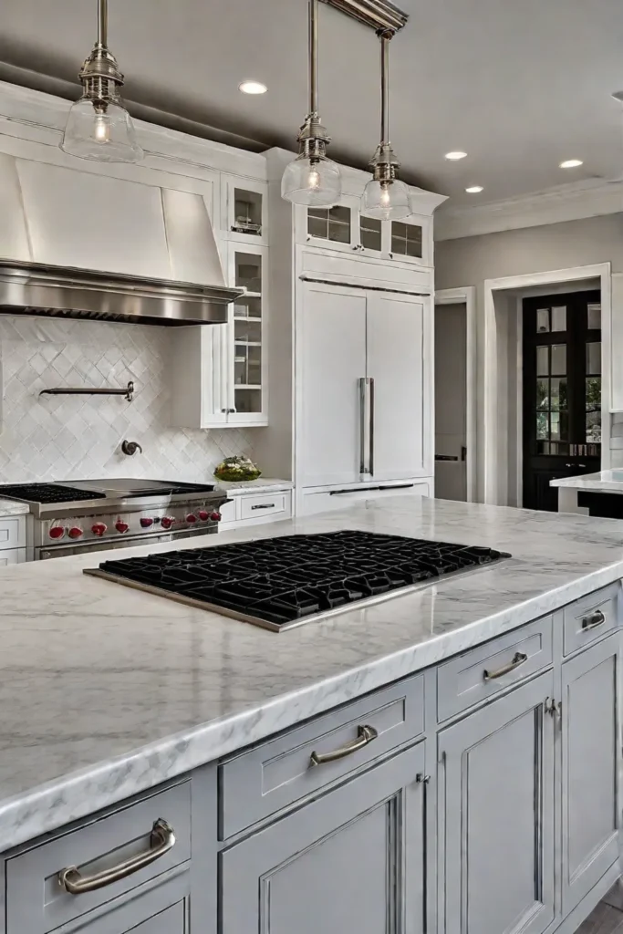 Traditional kitchen with white cabinets and marble countertops