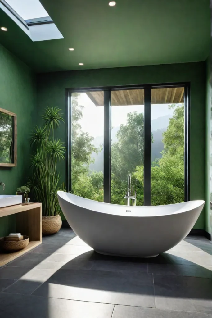 Tranquil bathroom with green walls and stone accents