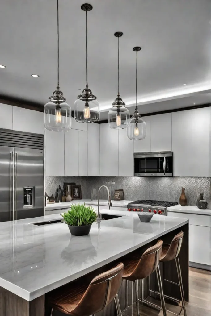 Transitional kitchen with glass pendant lights and recessed lighting