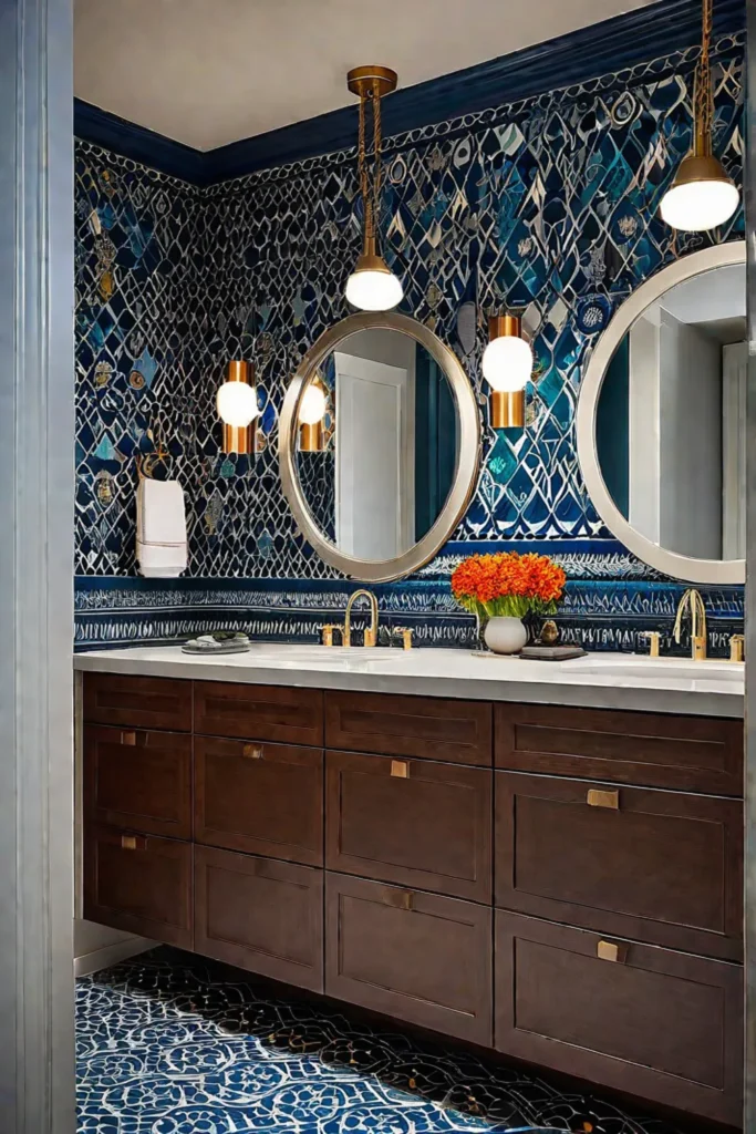 Vibrant bathroom with patterned wallpaper and bold lighting choices